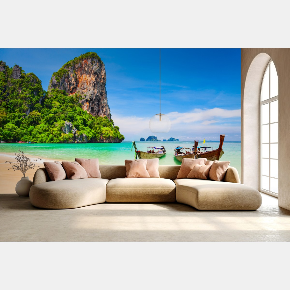 Wall mural tropical beach with longtail boats in Thailand