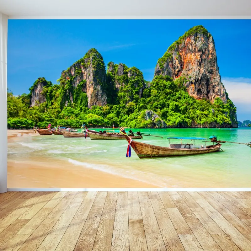 Fototapeta długie łodzie na tropikalnej plaży, Tajlandia