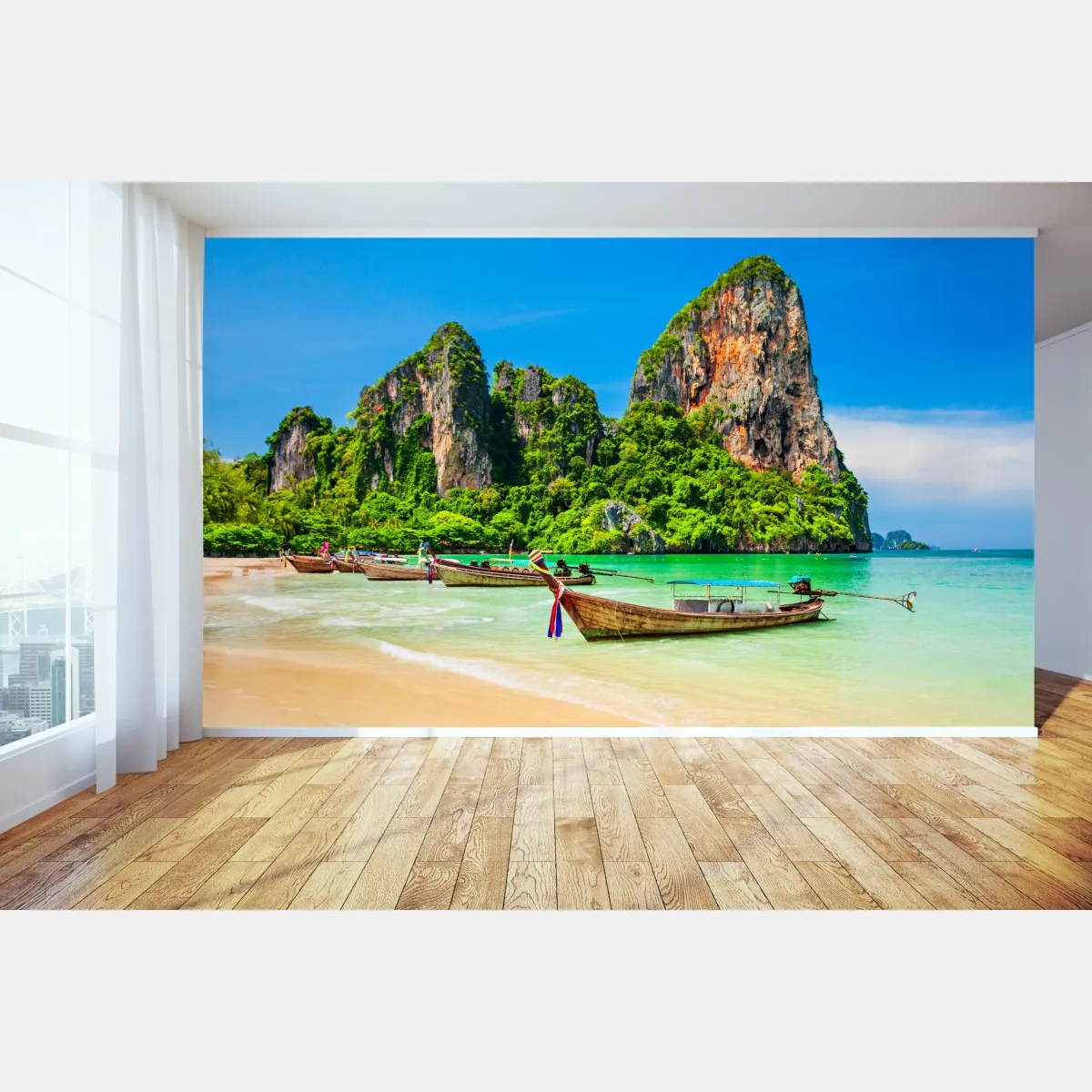 Fototapeta długie łodzie na tropikalnej plaży, Tajlandia – Wallissimo® Fototapeta długie łodzie na tropikalnej plaży, Tajlandia – Wallissimo®