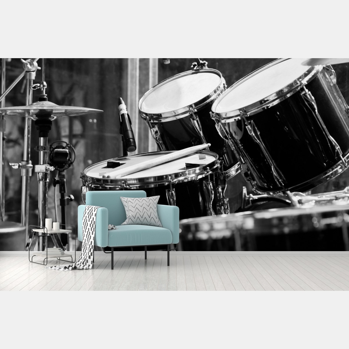 Wall mural black and white drum kit close-up