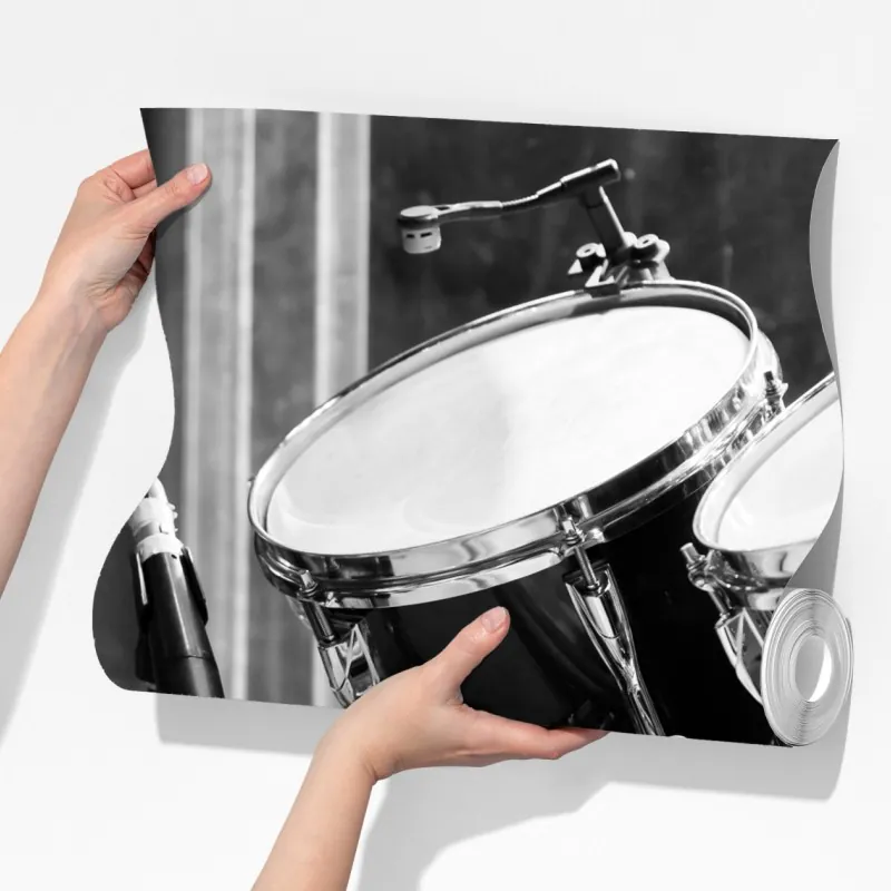 Fototapeta czarno-białe zbliżenie zestawu perkusyjnego – Wallissimo® Fototapeta czarno-białe zbliżenie zestawu perkusyjnego – Wallissimo®