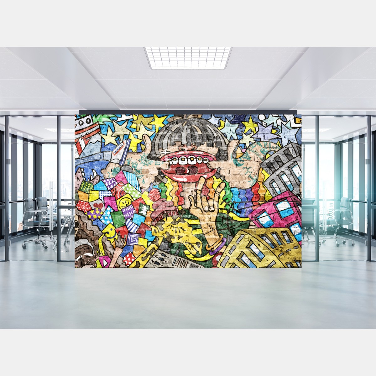 Wall mural colorful graffiti mural with playful character