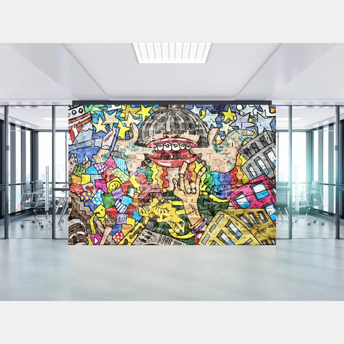 Fototapeta kolorowy mural graffiti z zabawną postacią – Wallissimo® Fototapeta kolorowy mural graffiti z zabawną postacią – Wallissimo®