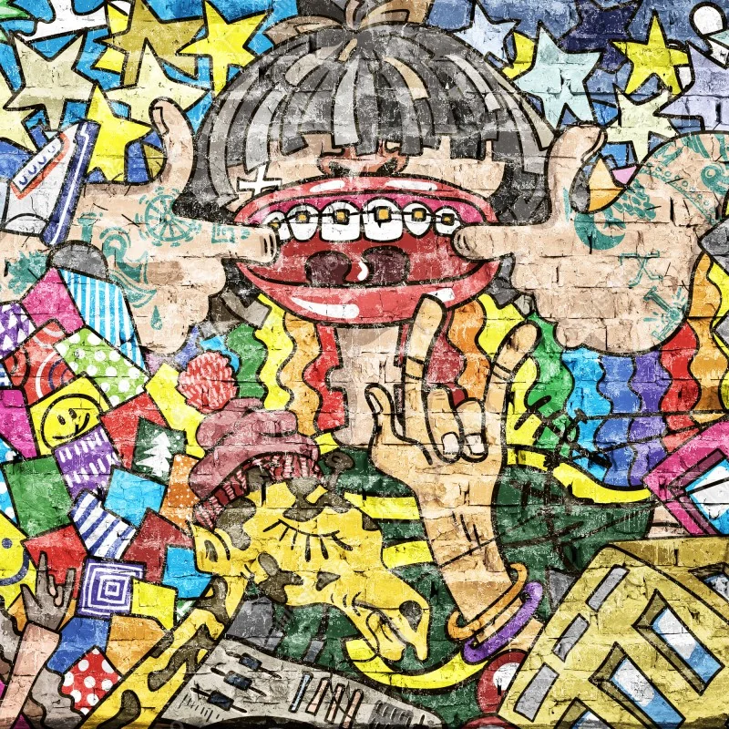 Fototapeta kolorowy mural graffiti z zabawną postacią – Wallissimo® Fototapeta kolorowy mural graffiti z zabawną postacią – Wallissimo®