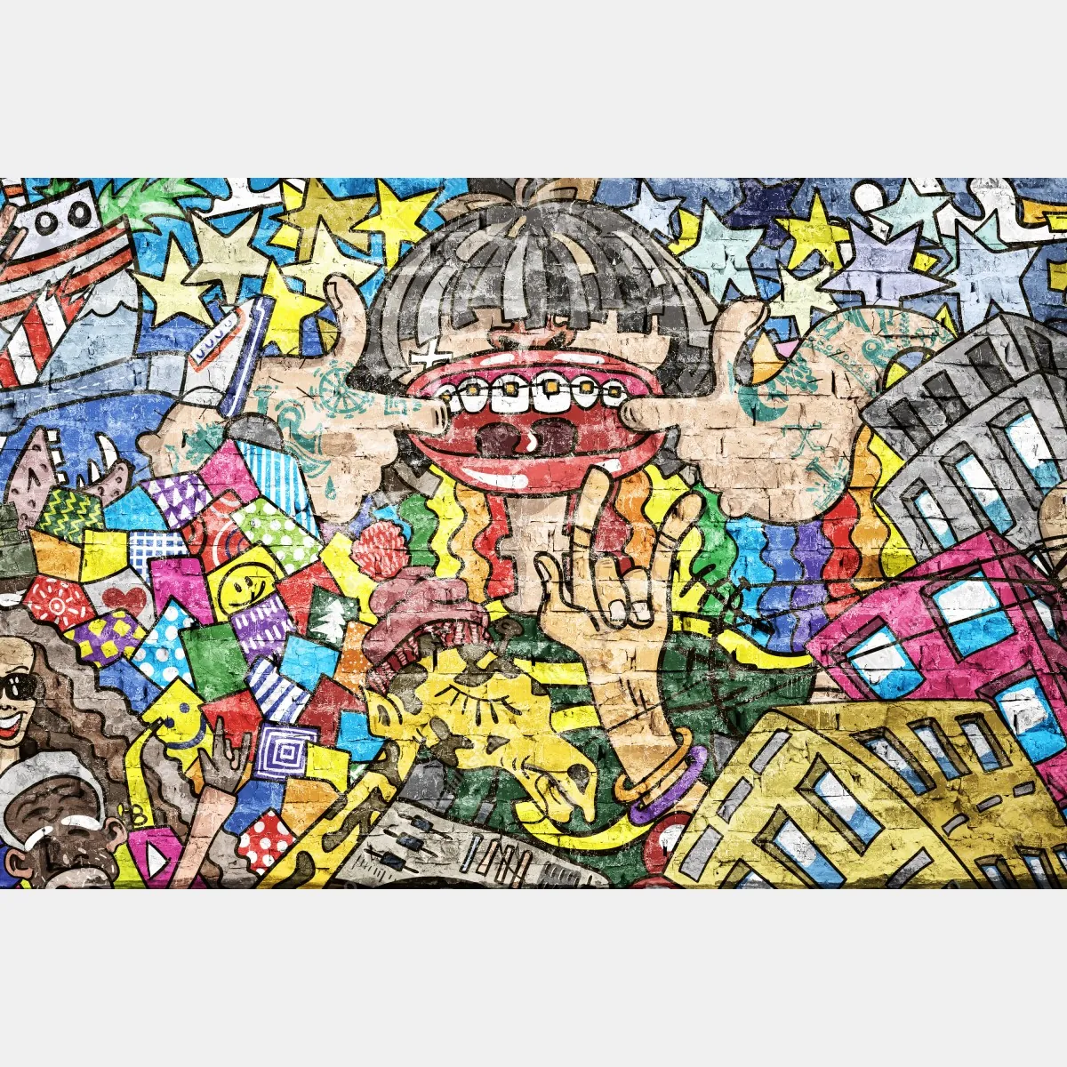 Fototapeta kolorowy mural graffiti z zabawną postacią – Wallissimo® Fototapeta kolorowy mural graffiti z zabawną postacią – Wallissimo®