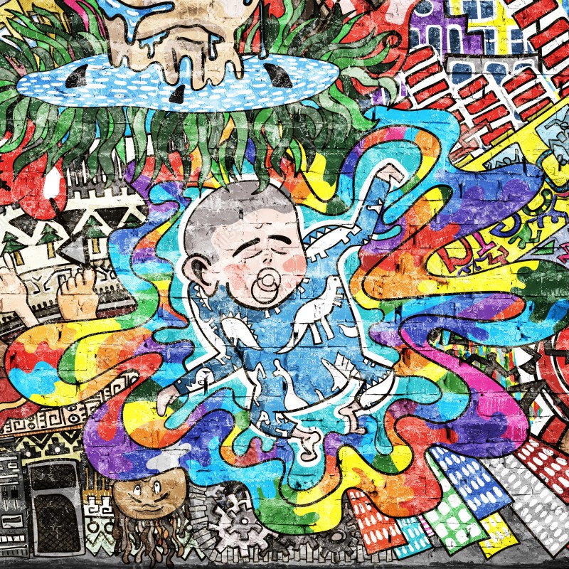 Fototapeta kolorowy mural graffiti ze śniącym dzieckiem – Wallissimo® Fototapeta kolorowy mural graffiti ze śniącym dzieckiem – Wallissimo®