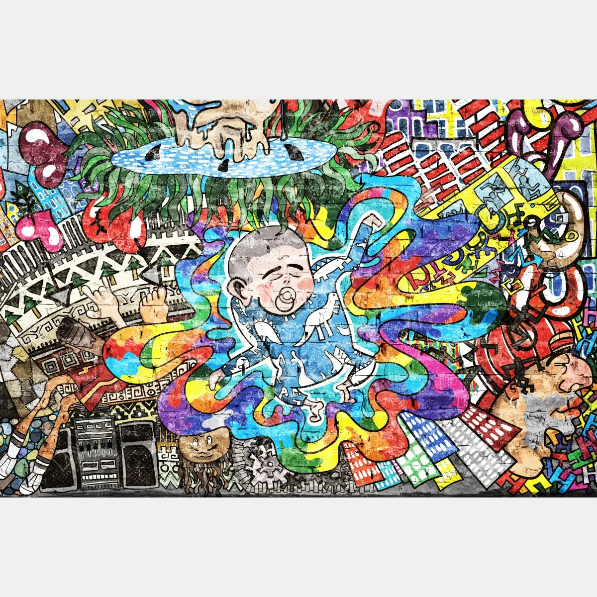 Fototapeta kolorowy mural graffiti ze śniącym dzieckiem – Wallissimo® Fototapeta kolorowy mural graffiti ze śniącym dzieckiem – Wallissimo®