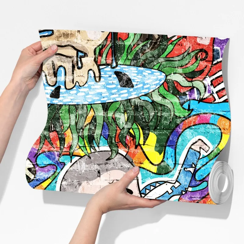 Fototapeta kolorowy mural graffiti ze śniącym dzieckiem – Wallissimo® Fototapeta kolorowy mural graffiti ze śniącym dzieckiem – Wallissimo®