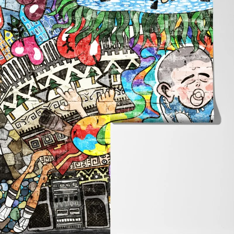 Fototapeta kolorowy mural graffiti ze śniącym dzieckiem – Wallissimo® Fototapeta kolorowy mural graffiti ze śniącym dzieckiem – Wallissimo®