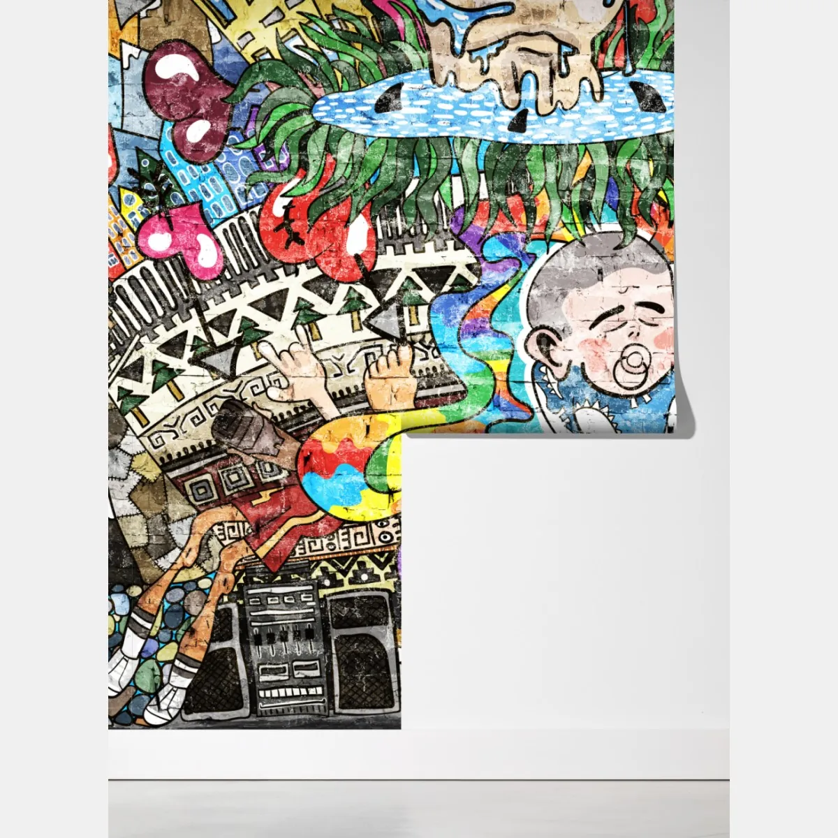 Fototapeta kolorowy mural graffiti ze śniącym dzieckiem – Wallissimo® Fototapeta kolorowy mural graffiti ze śniącym dzieckiem – Wallissimo®