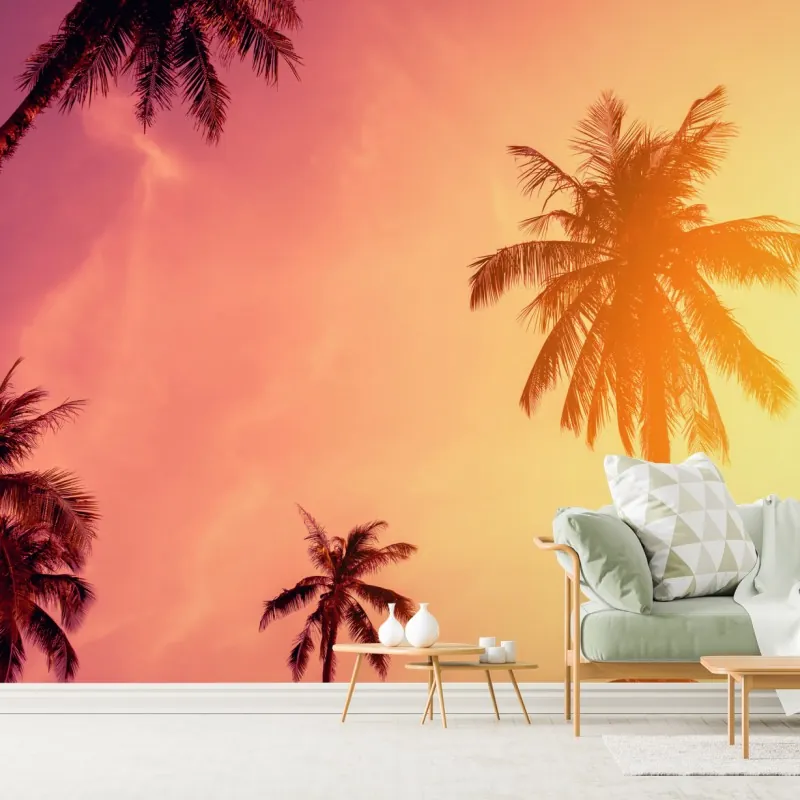 Fototapeta tropikalny zachód słońca z palmami