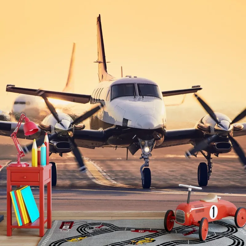 Fototapeta dwusilnikowy turboprop na złotym pasie startowym