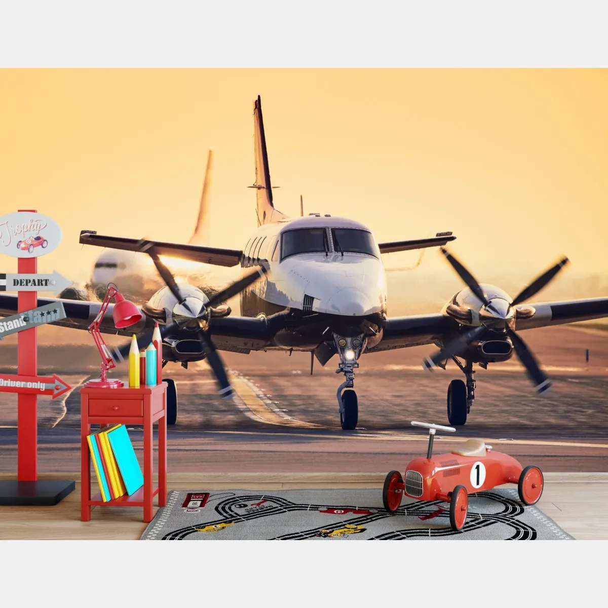 Fototapeta dwusilnikowy turboprop na złotym pasie startowym – Wallissimo® Fototapeta dwusilnikowy turboprop na złotym pasie startowym – Wallissimo®