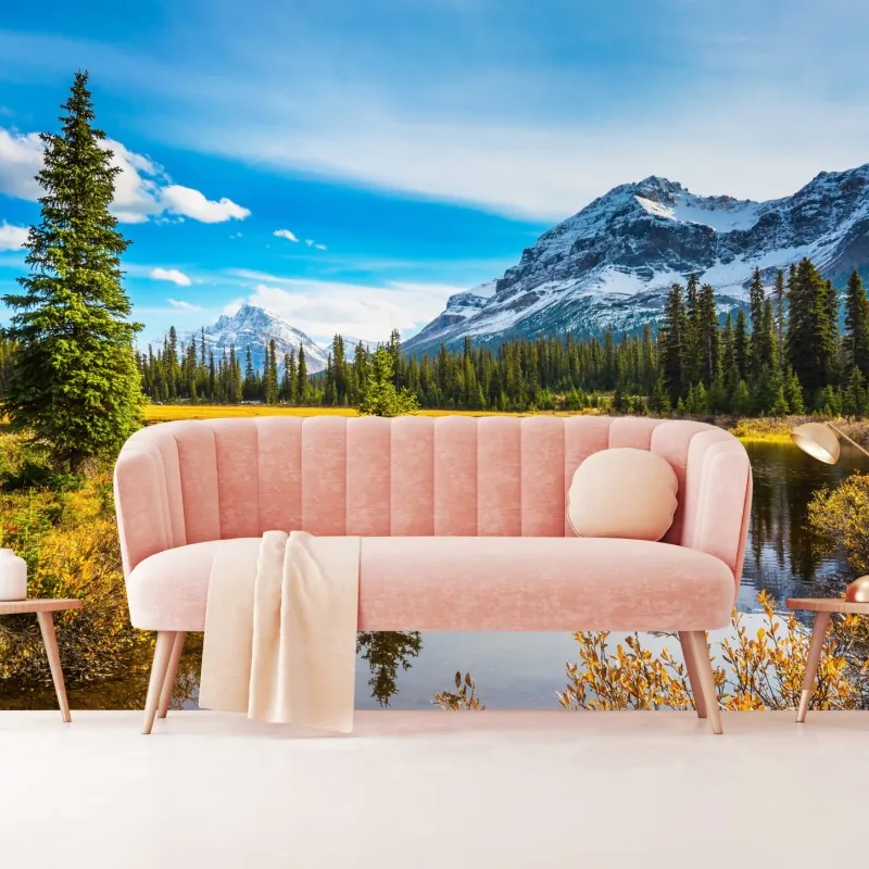 Fototapeta Góry Skaliste nad jeziorem z odbiciem – Wallissimo® Fototapeta Góry Skaliste nad jeziorem z odbiciem – Wallissimo®