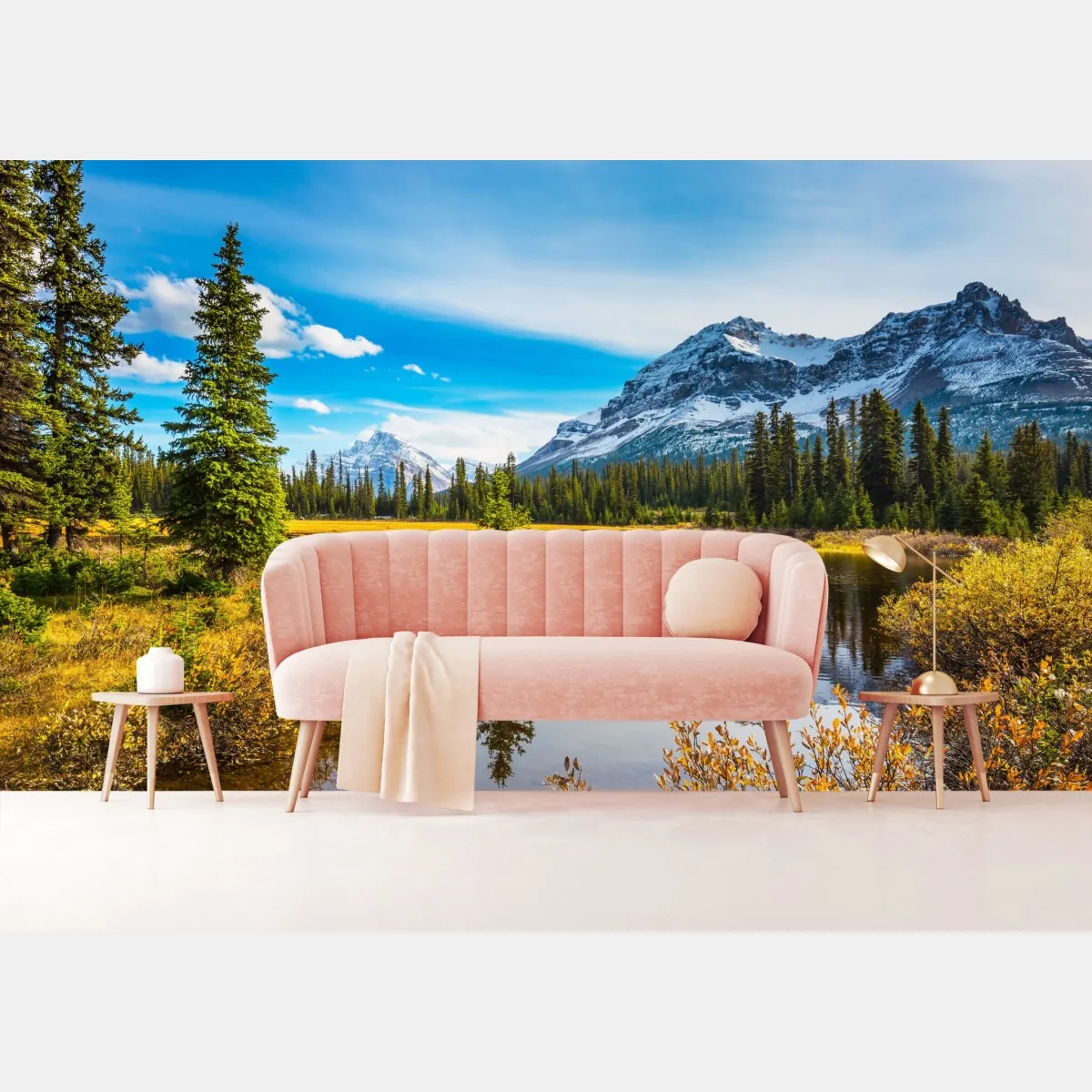 Fototapeta Góry Skaliste nad jeziorem z odbiciem – Wallissimo® Fototapeta Góry Skaliste nad jeziorem z odbiciem – Wallissimo®