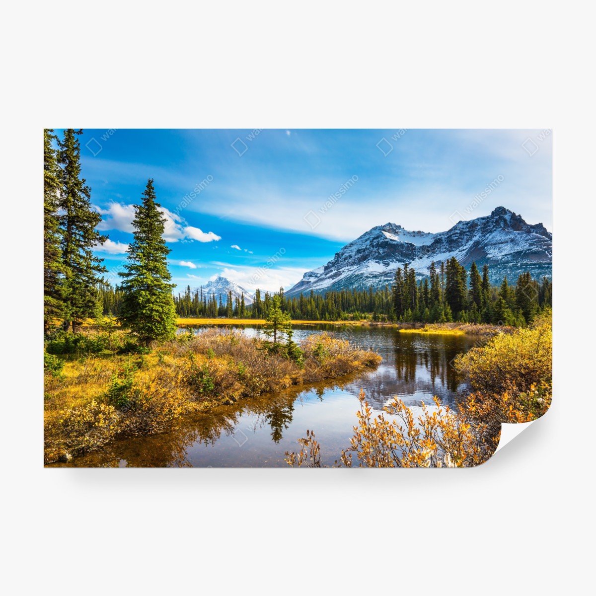 Fototapeta Góry Skaliste nad jeziorem z odbiciem – Wallissimo® Fototapeta Góry Skaliste nad jeziorem z odbiciem – Wallissimo®