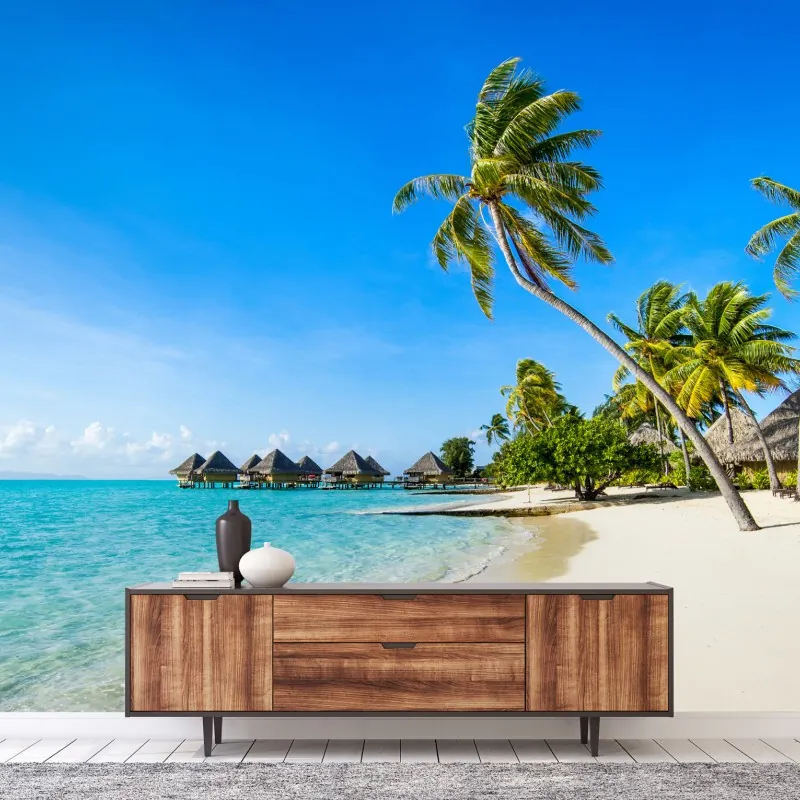 Fototapeta tropikalna turkusowa plaża z palmami – Wallissimo® Fototapeta tropikalna turkusowa plaża z palmami – Wallissimo®