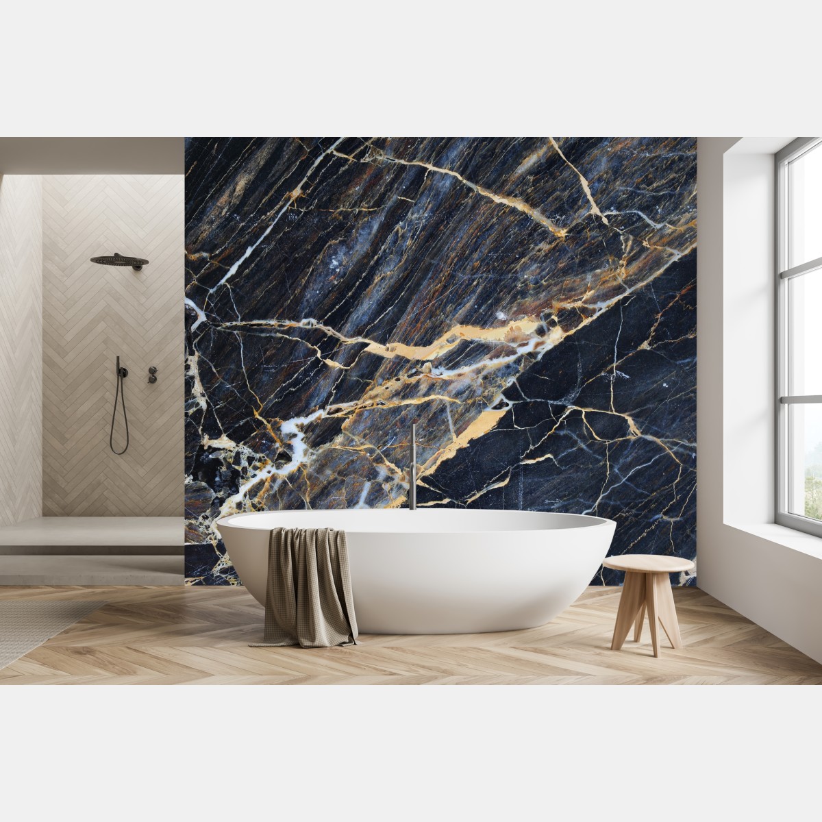 Wall mural dark marble with gold and cream veins