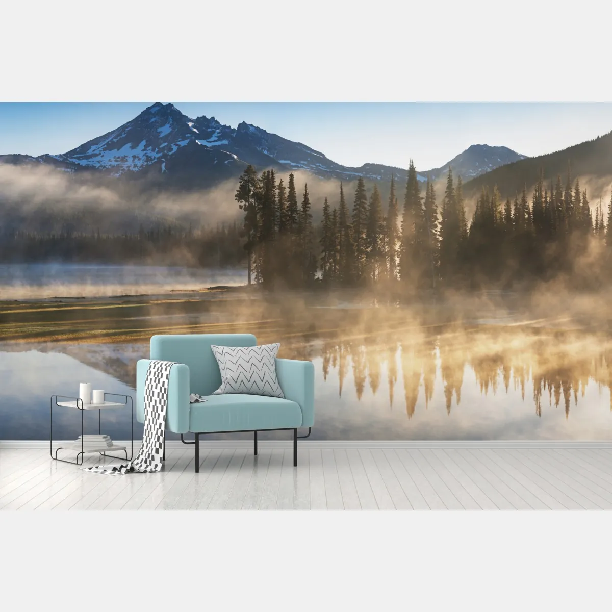 Fototapeta mglisty wschód słońca nad górami z odbiciem – Wallissimo® Fototapeta mglisty wschód słońca nad górami z odbiciem – Wallissimo®