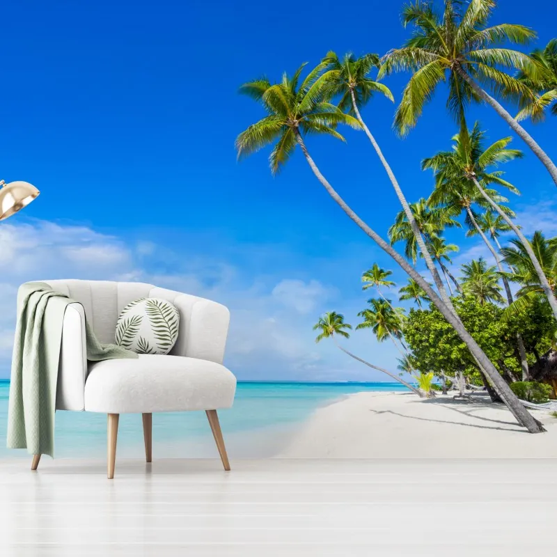 Fototapeta tropikalna plaża z palmami – Wallissimo® Fototapeta tropikalna plaża z palmami – Wallissimo®