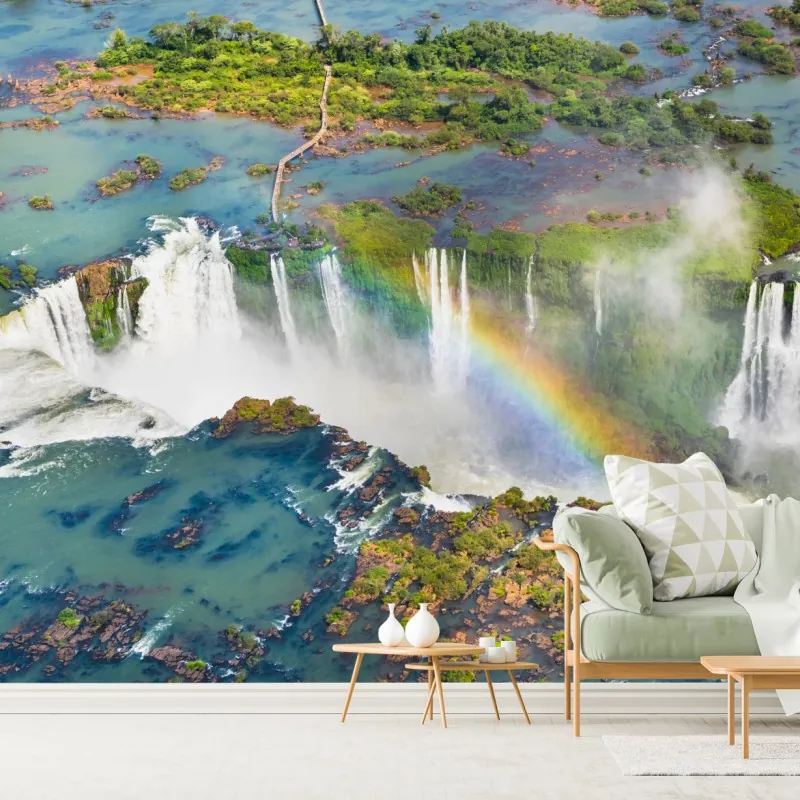 Fototapeta widok z lotu ptaka tropikalne wodospady z tęczą – Wallissimo® Fototapeta widok z lotu ptaka tropikalne wodospady z tęczą – Wallissimo®