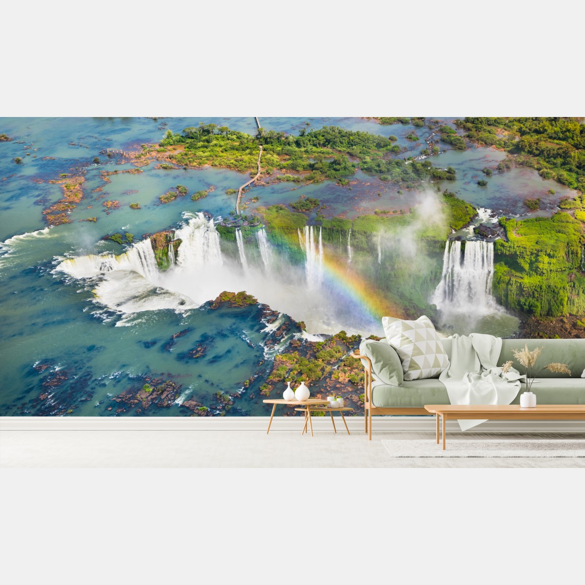 Wall mural aerial view of tropical waterfalls with rainbow