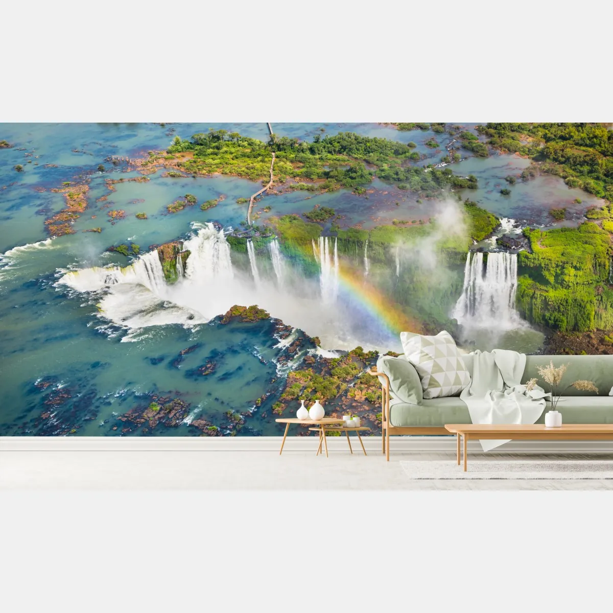 Fototapeta widok z lotu ptaka tropikalne wodospady z tęczą – Wallissimo® Fototapeta widok z lotu ptaka tropikalne wodospady z tęczą – Wallissimo®
