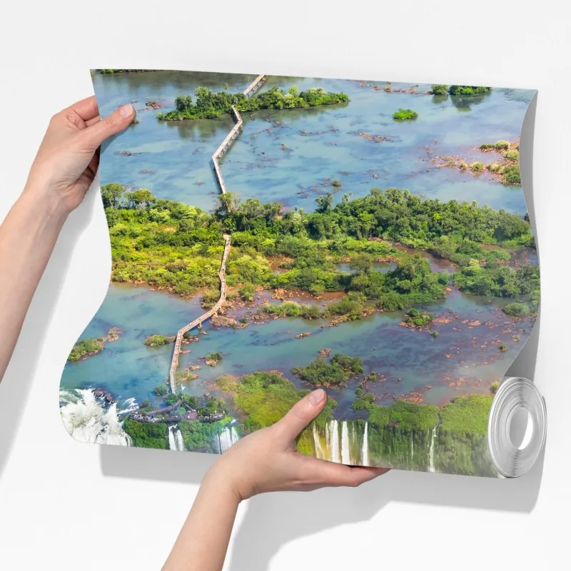 Fototapeta widok z lotu ptaka tropikalne wodospady z tęczą – Wallissimo® Fototapeta widok z lotu ptaka tropikalne wodospady z tęczą – Wallissimo®