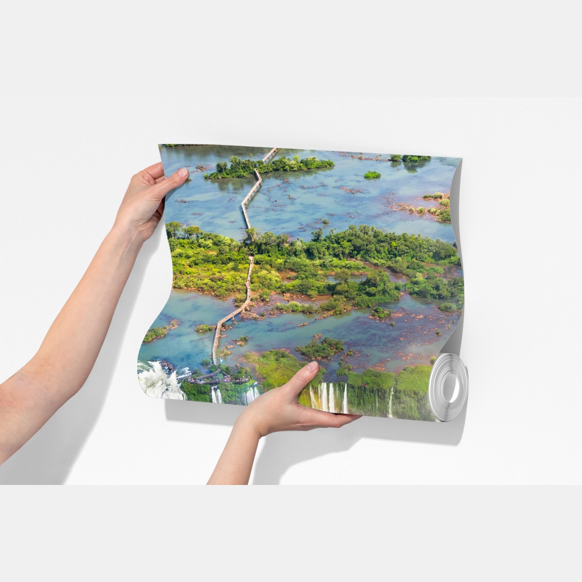 Fototapeta widok z lotu ptaka tropikalne wodospady z tęczą – Wallissimo® Fototapeta widok z lotu ptaka tropikalne wodospady z tęczą – Wallissimo®