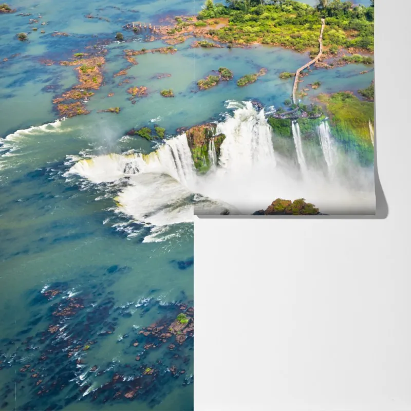 Fototapeta widok z lotu ptaka tropikalne wodospady z tęczą – Wallissimo® Fototapeta widok z lotu ptaka tropikalne wodospady z tęczą – Wallissimo®