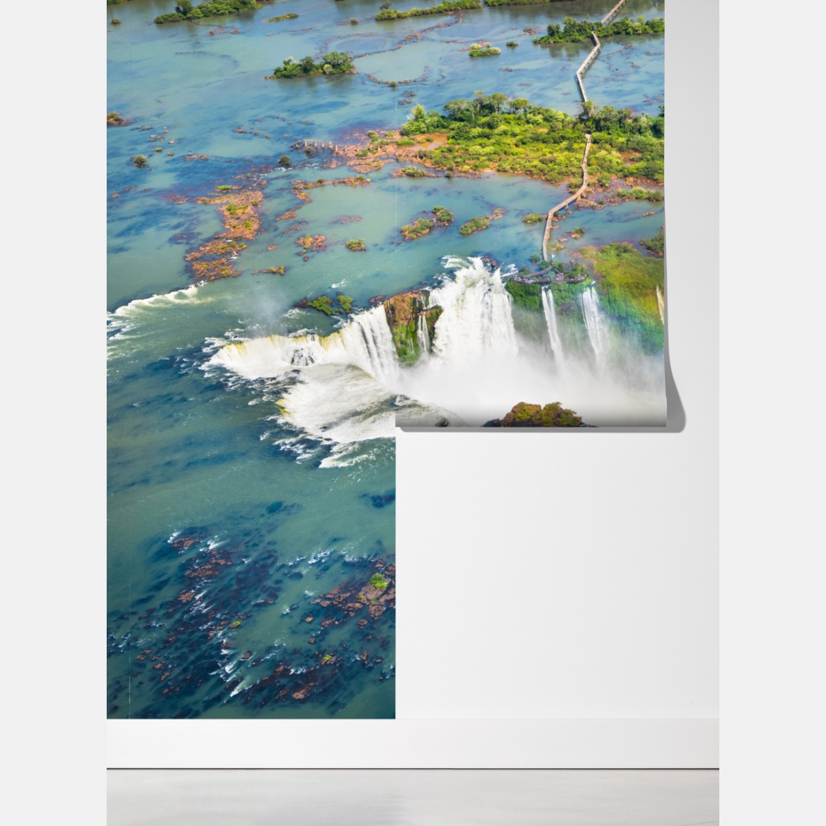 Fototapeta widok z lotu ptaka tropikalne wodospady z tęczą – Wallissimo® Fototapeta widok z lotu ptaka tropikalne wodospady z tęczą – Wallissimo®
