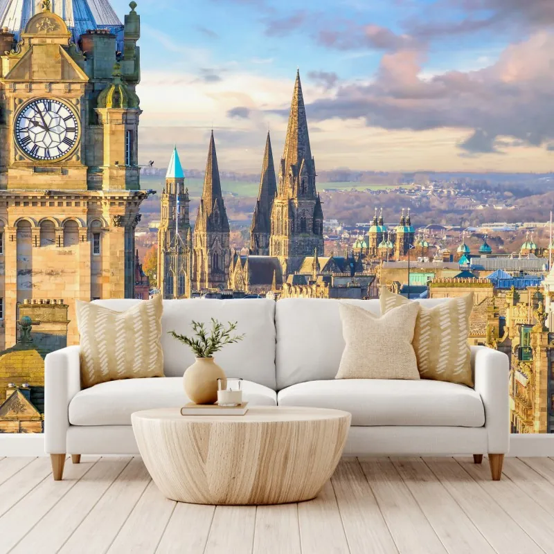 Fototapeta Edynburg panorama z zamkiem i wieżą zegarową – Wallissimo® Fototapeta Edynburg panorama z zamkiem i wieżą zegarową – Wallissimo®