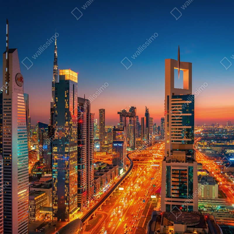 Fototapeta panorama Dubaju o zmierzchu – Wallissimo® Fototapeta panorama Dubaju o zmierzchu – Wallissimo®
