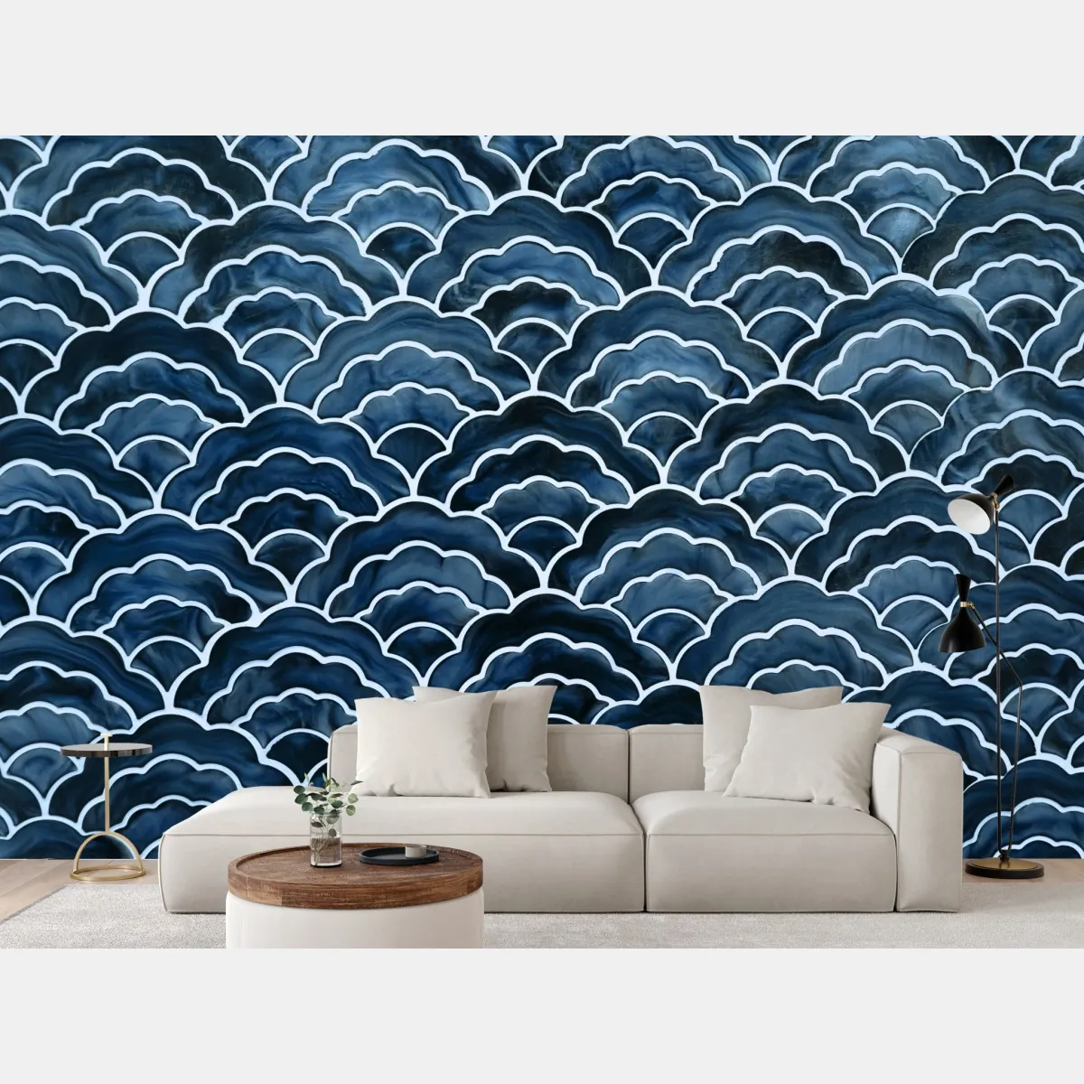 Fototapeta japoński niebieski wzór seigaiha – Wallissimo® Fototapeta japoński niebieski wzór seigaiha – Wallissimo®