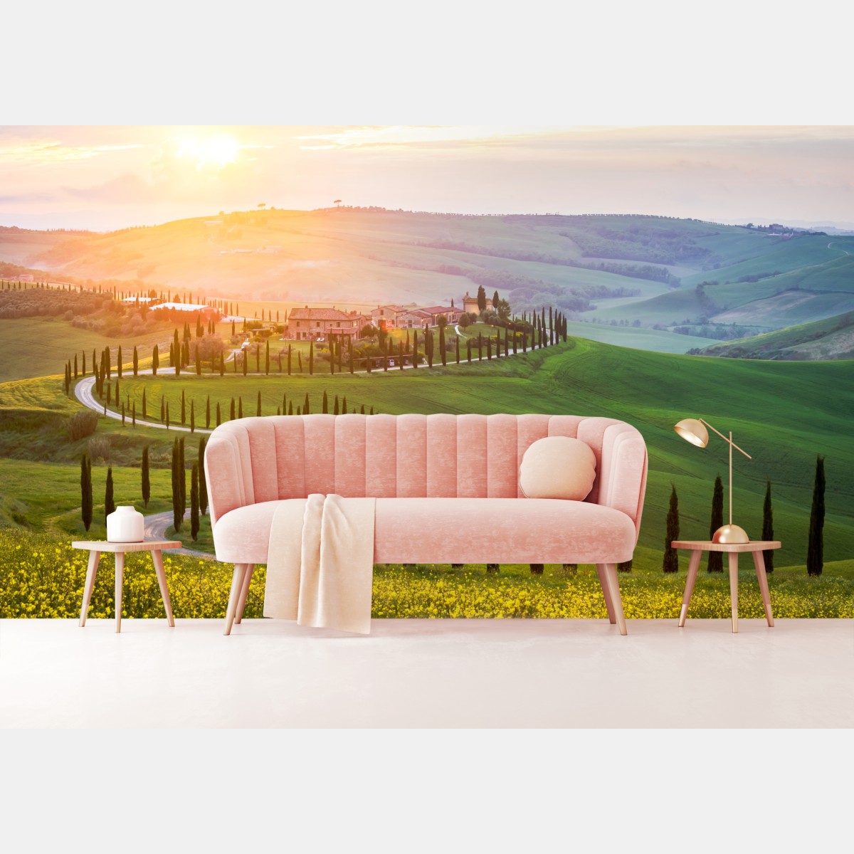 Wall mural sunrise over rolling hills in Tuscany