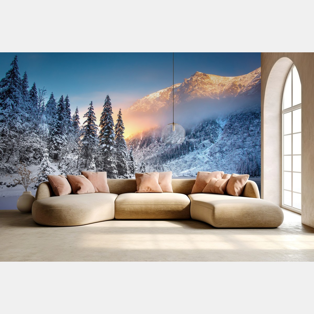 Wall mural winter sunrise over snowy mountain lake