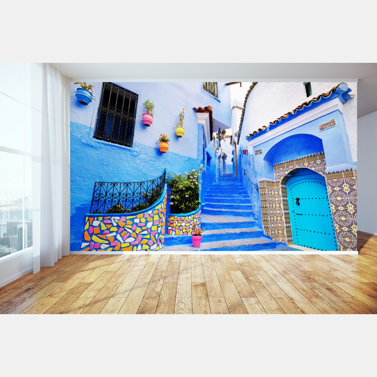 Wall mural blue medina stairway in Chefchaouen