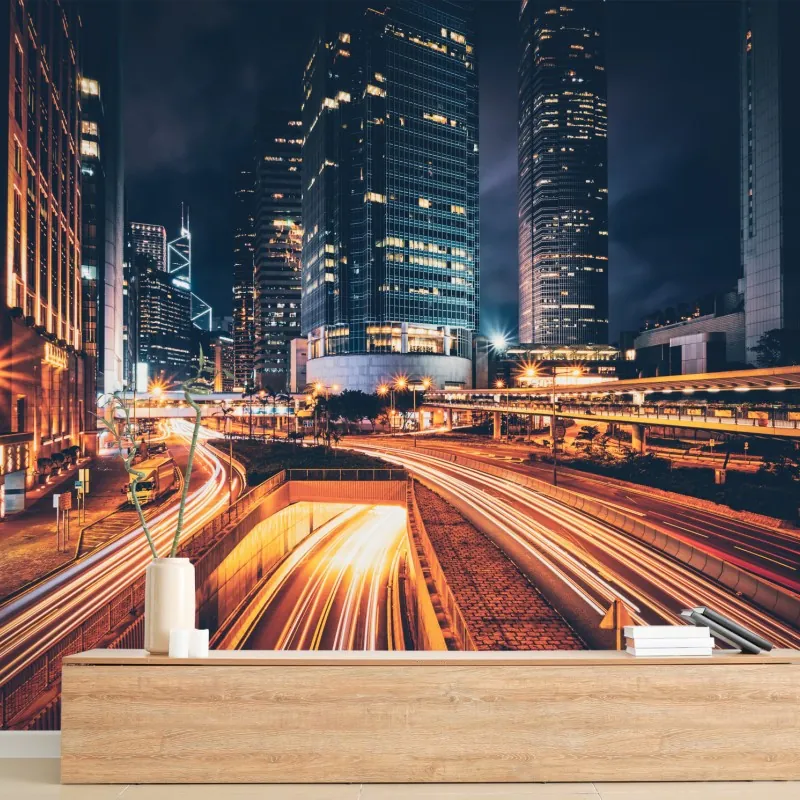 Fototapeta nocne smugi świetlne nad miejską autostradą – Wallissimo® Fototapeta nocne smugi świetlne nad miejską autostradą – Wallissimo®