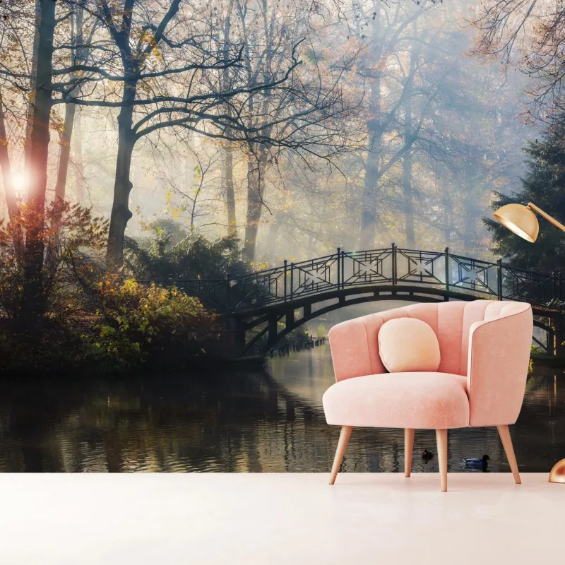 Fototapeta mglisty jesienny most z łabędziem – Wallissimo® Fototapeta mglisty jesienny most z łabędziem – Wallissimo®