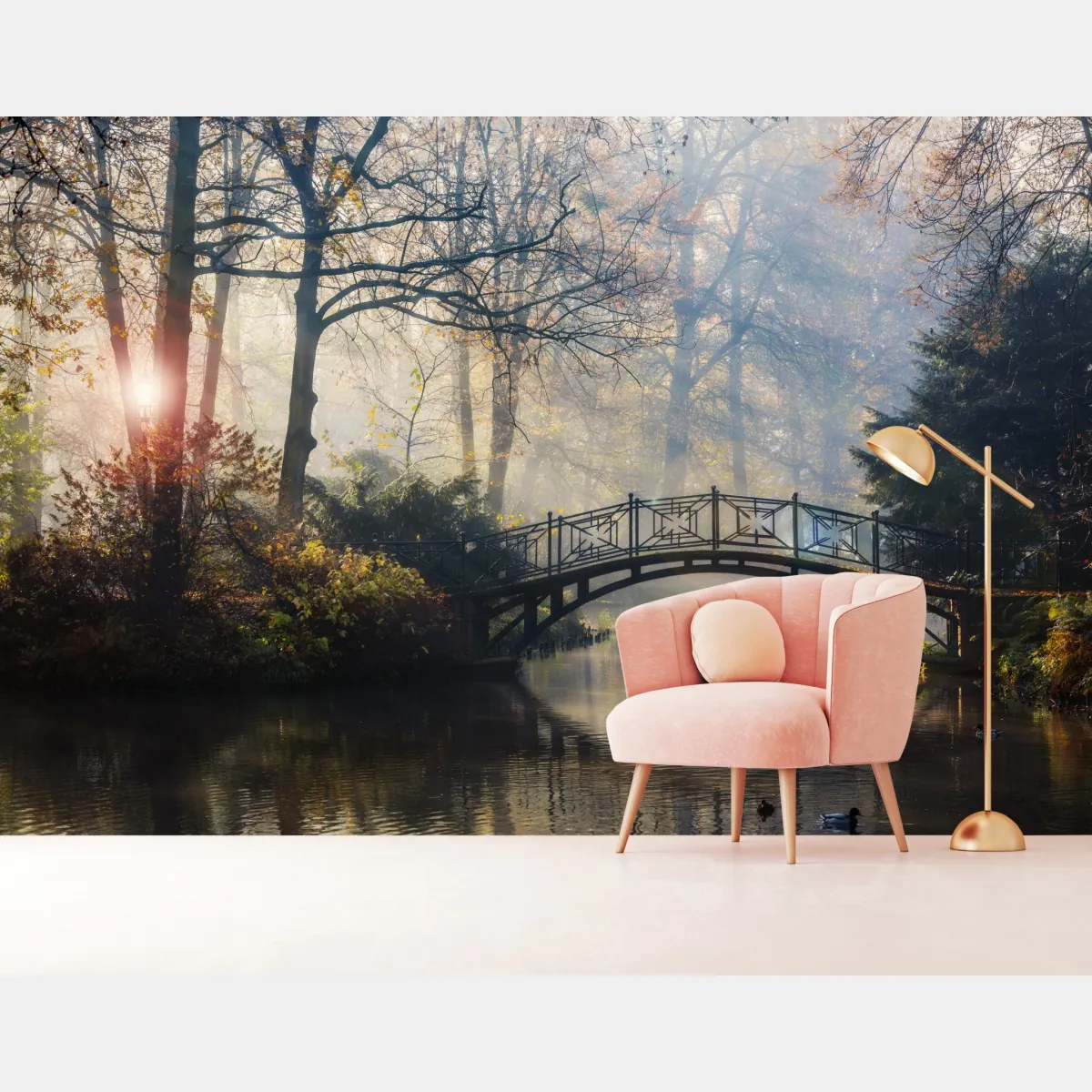 Fototapeta mglisty jesienny most z łabędziem – Wallissimo® Fototapeta mglisty jesienny most z łabędziem – Wallissimo®