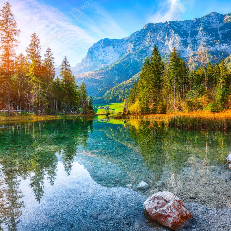 Fototapeta jezioro Hintersee jesienny zachód i odbicie – Wallissimo® Fototapeta jezioro Hintersee jesienny zachód i odbicie – Wallissimo®