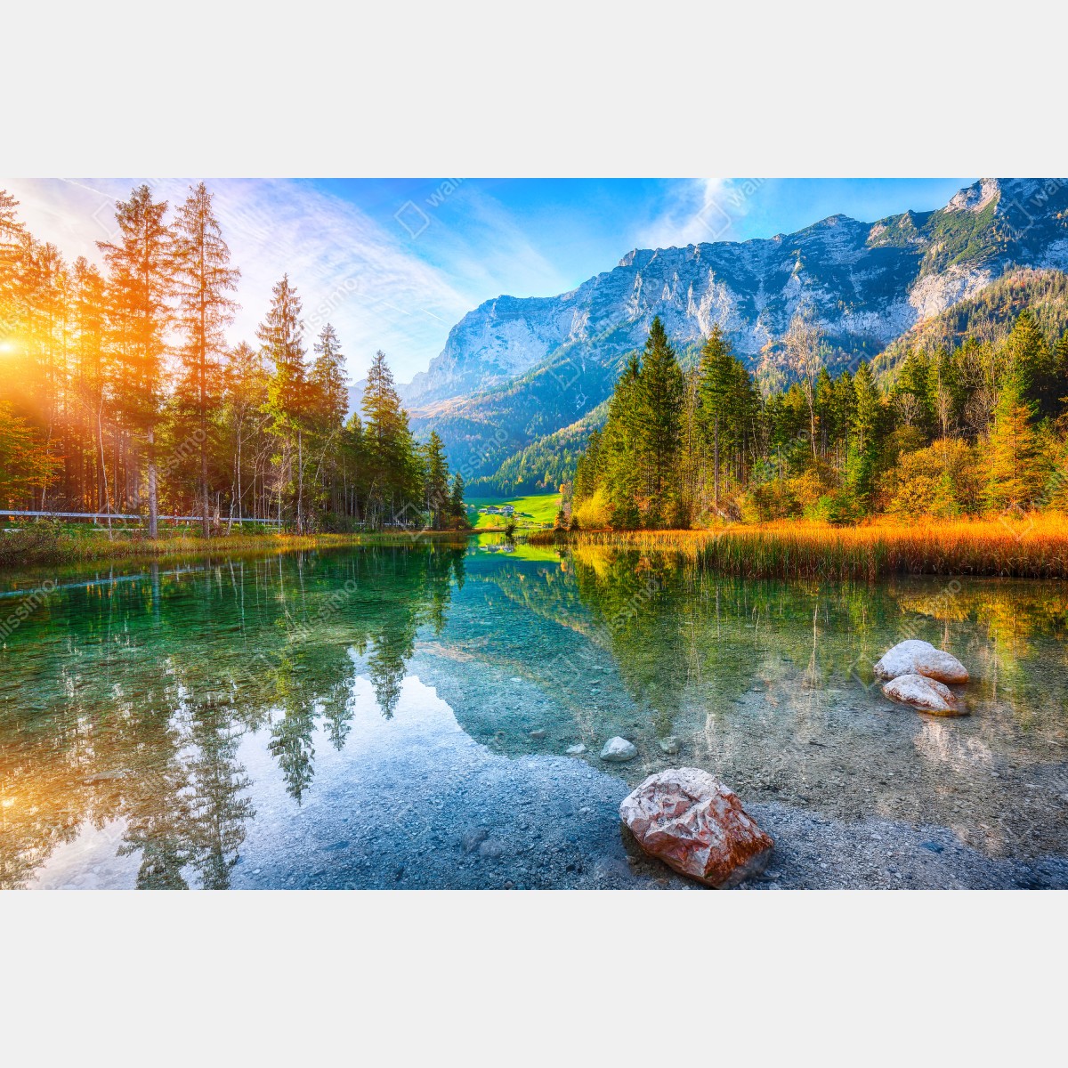 Fototapeta jezioro Hintersee jesienny zachód i odbicie – Wallissimo® Fototapeta jezioro Hintersee jesienny zachód i odbicie – Wallissimo®