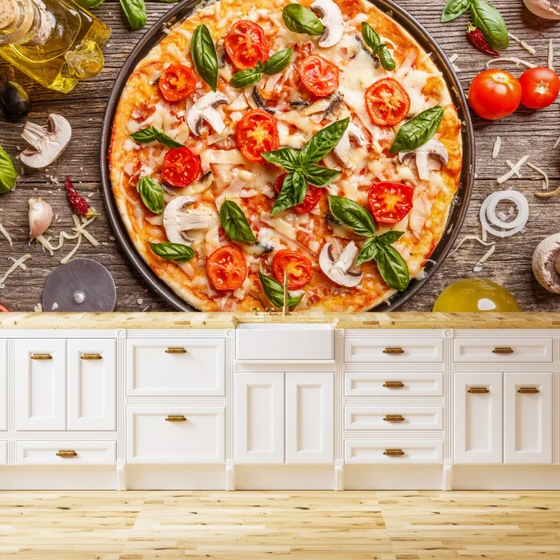 Fototapeta świeża pizza z bazylią i pomidorkami koktajlowymi