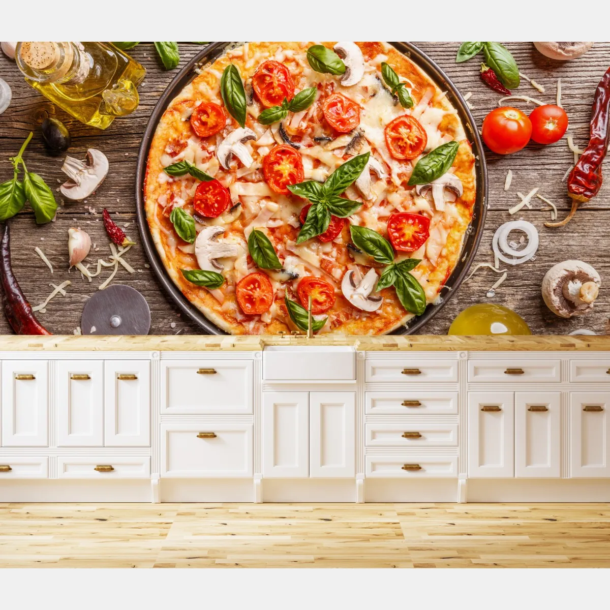 Fototapeta świeża pizza z bazylią i pomidorkami koktajlowymi – Wallissimo® Fototapeta świeża pizza z bazylią i pomidorkami koktajlowymi – Wallissimo®