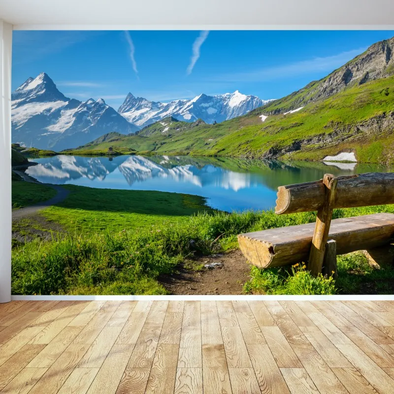 Fototapeta alpejskie jezioro z drewnianą ławką