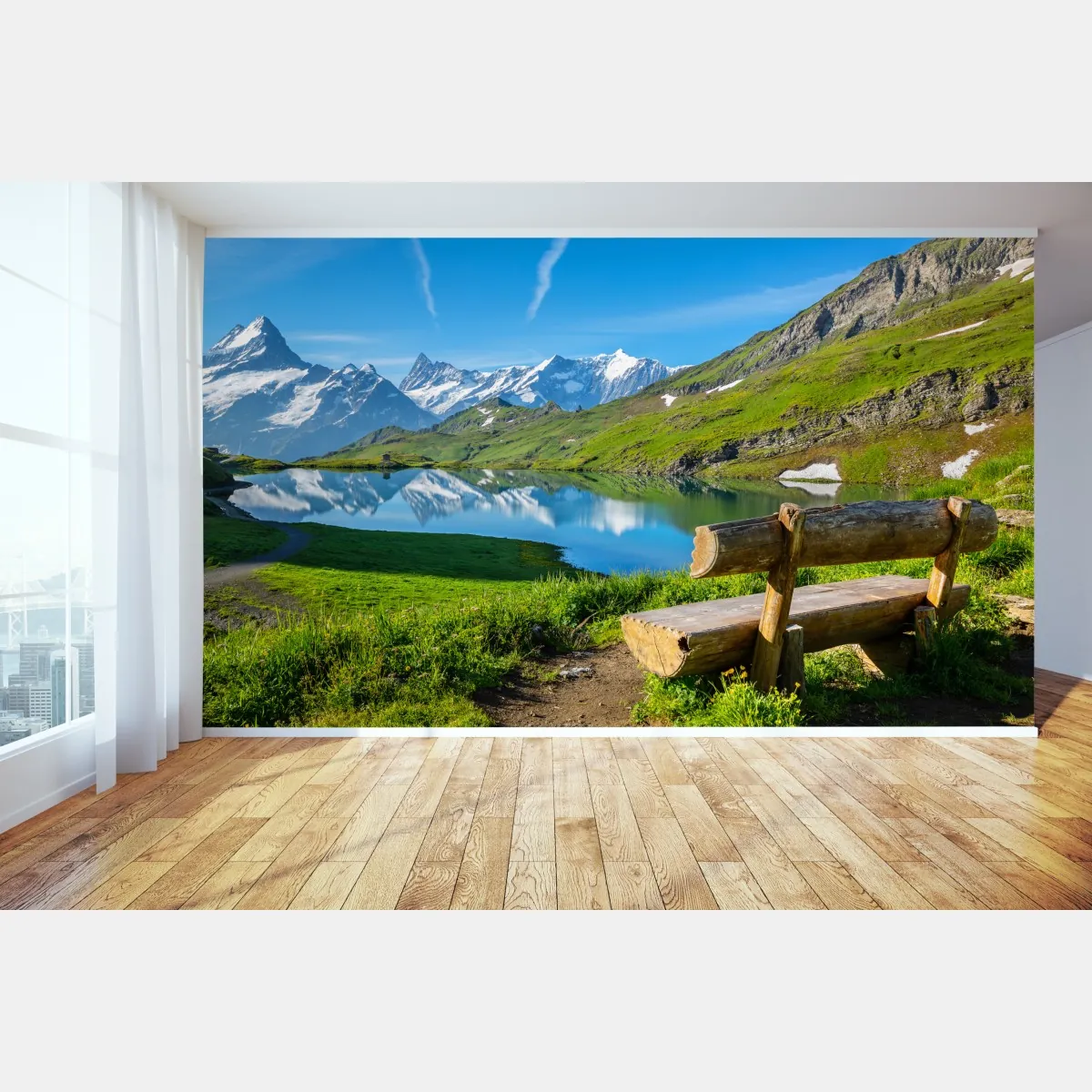 Fototapeta alpejskie jezioro z drewnianą ławką – Wallissimo® Fototapeta alpejskie jezioro z drewnianą ławką – Wallissimo®