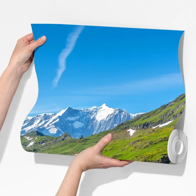 Fototapeta alpejskie jezioro z drewnianą ławką – Wallissimo® Fototapeta alpejskie jezioro z drewnianą ławką – Wallissimo®