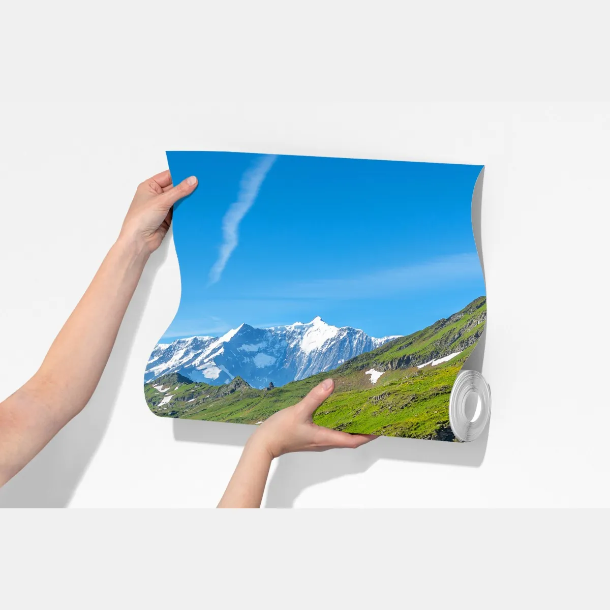 Fototapeta alpejskie jezioro z drewnianą ławką – Wallissimo® Fototapeta alpejskie jezioro z drewnianą ławką – Wallissimo®