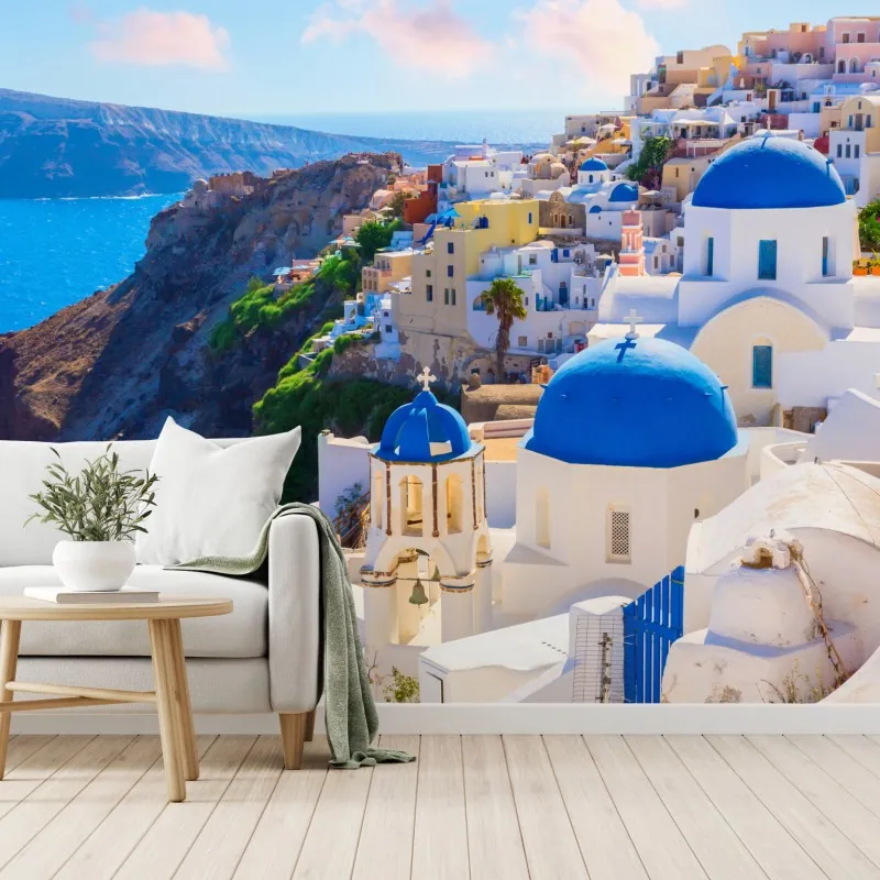 Fototapeta Santorini niebieskie kopuły i białe domy – Wallissimo® Fototapeta Santorini niebieskie kopuły i białe domy – Wallissimo®