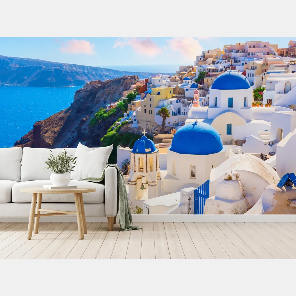 Fototapeta Santorini niebieskie kopuły i białe domy – Wallissimo® Fototapeta Santorini niebieskie kopuły i białe domy – Wallissimo®
